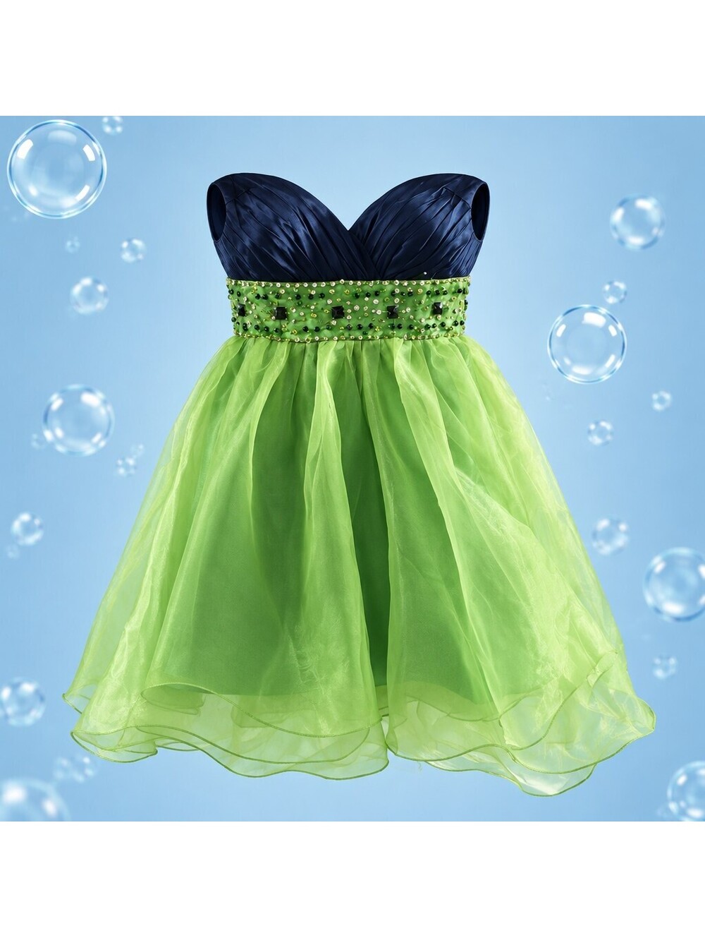 Y2K Vintage Lime Green & Navy Blue Strapless Beaded Tulle Homecoming Dress 4057